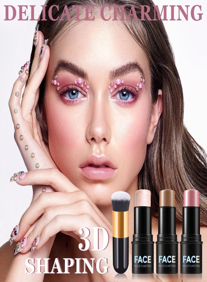 JunKuJK 3Pcs Cream Contour Stick Makeup Kit with Makeup Brush,Shades with Highlighter,Brush Stick,Cream Bronzer for Sculpt the Cheeks,Long-lasting Waterproof Lightweight Contour Set - Image 2